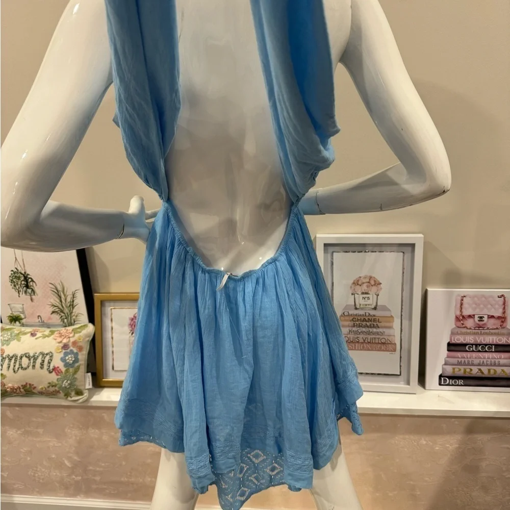 NWOT  FREE PEOPLE LACE COTTON BABY DOLL STRAPLESS BACK TIE MINI DRESS SIZE L